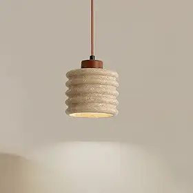 Luminária pendente moderna de travertino, lâmpada suspensa de pedra amarela natural com tampo de madeira maciça e cabo ajustável para ilha de cozinha, luminária de pedra pequena