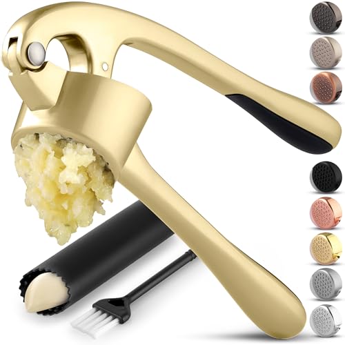 Image of Zulay Kitchen Large Premium Garlic Press Set - Bigger Bowl for Bigger Garlic - Rust Proof Garlic Mincer Tool - Easy-Squeeze, Easy-Clean Silicone Garlic Peeler & Brush (Gold)