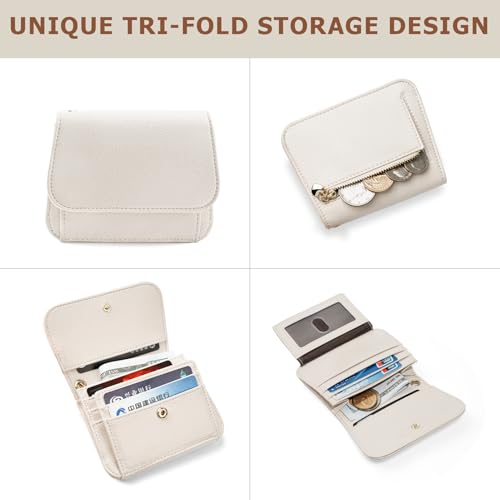 Image of Women Small Wallet RFID Blocking Slim Wallet with Coin Pocket Tri-Fold Credit Card Holder with ID Window and Keychain(Beige)