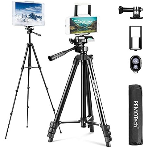 Tripod for iPhone/iPad, PEMOTech 50" Aluminum Camera Tripod, Phone Tripod Stand for iPhone/Samsung/Camera/Gopro/DSLR Camera with Tablet & Phone Holder, Adapter for Gopro, Bluetooth Remote, Carry Bag Cover