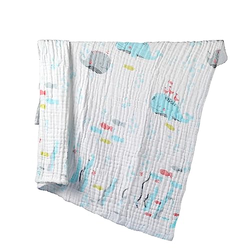Image of BILLAMB Muslin Baby Bath Towel 2 Pieces 41.3X41.3 Inch Baby Cotton Gauze Towel Quilt Newborn Bath Towel 6 Layers Gauze Cotton Soft Ventilate Children Bath Towel Large Baby Towels (Blue Whale)