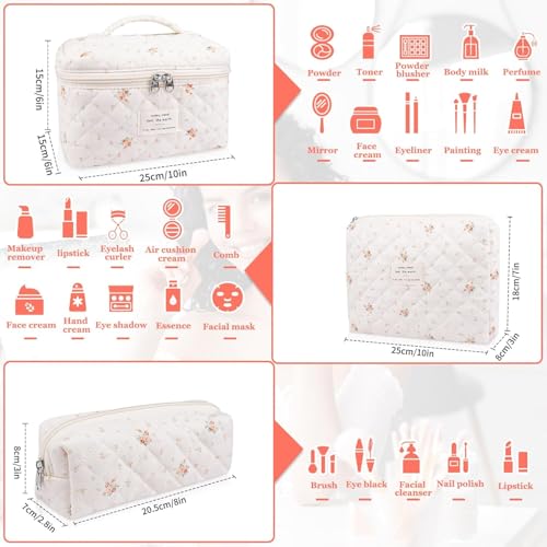 Image of Lyrovo Makeup Organizer Cosmetic Bag Quilted Large Floral Make Up Organize Set for Women Flower Travel Toiletry Bag (Floral-White)