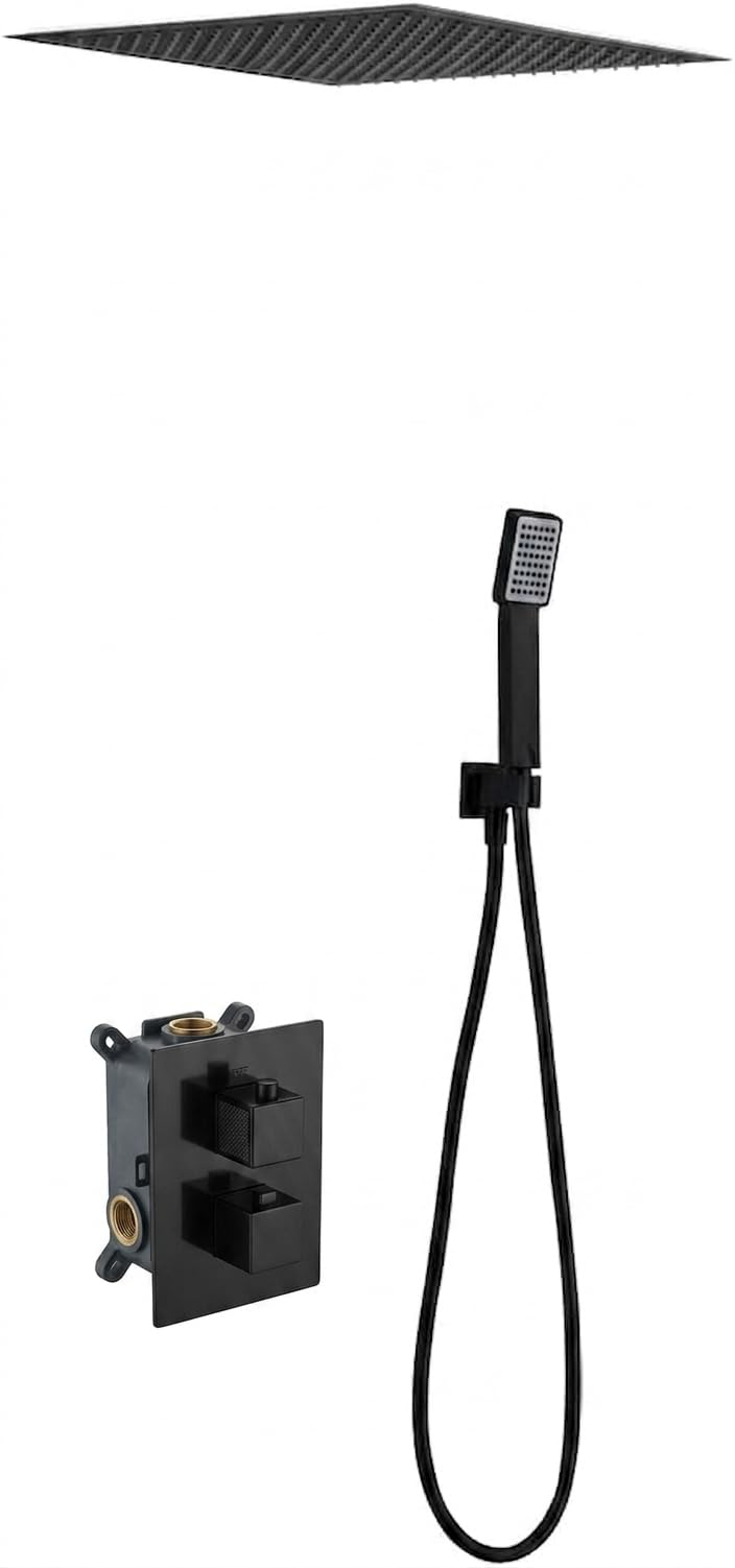 Mice - Conjunto ducha empotrada techo TERMOSTATICO - Rociador extraplano es de techo, cuadrado de 40 cm x 40 cm de lado incluye el premarco - Griferia de baño efecto lluvia color Negro Mate