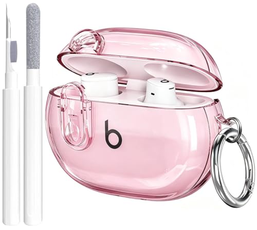 Beats Studio Buds/Studio Bud Plus Case Cover Clear 2021/2023 Lock Clip with Clean Kit GARTOO Protective Case and Cleaning Pen Compatible with Beat Studio Bud + for Women Girls Kids -Clear Pink