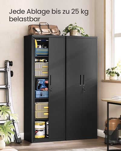 SONGMICS Aktenschrank, Mehrzweckschrank, Aufbewahrungsschrank, 5 Ebenen, 40 x 60 x 180 cm, Doppeltüren, Schloss, Werkzeug, verstellbare Ablagen, Garage, Büro, Wohnzimmer, Mattschwarz OMC014B01