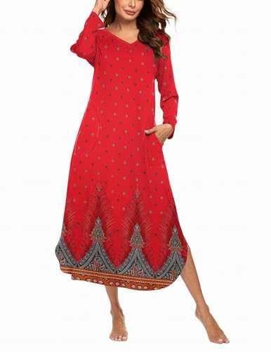 Ekouaer Women's Nightgown V-Neck Loungewear Long Sleeve Sleepwear Full Length Nightgown for Women Red Feather XX-Large