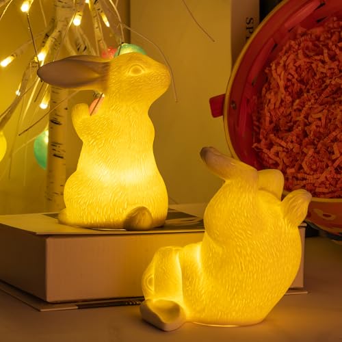 NEROSUN-2-Pack-Easter-Bunny-Figurines-Ceramic-White-Rabbit-Statues-Tabletop-Ornaments-Lighted-Bunny-Decorations-for-Home-Table-Shelf-Party-Spring-Easter-Decor NEROSUN 2 Pack Easter Bunny Figurines Ceramic White Rabbit Statues Tabletop Ornaments Lighted Bunny Decorations for Home Table Shelf Party Spring Easter Decor