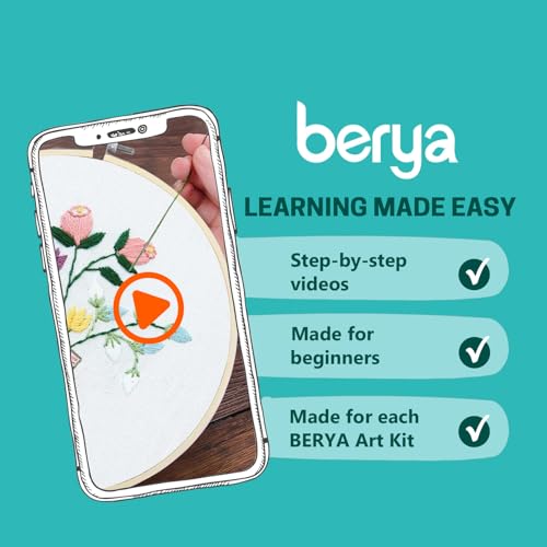 Image of BERYA Flowers Embroidery Kit Including Video Step by Step Instructions Embroidery Hoop,Color Threads and Embroidery Scissors for Beginners-Handmade Needlepoint Kits for Adults