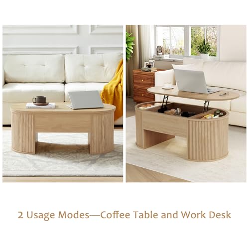 Image of QHITTY Fluted Coffee Table with Lifting Top, Oval Wood Lift Top Coffee Table with Hidden Compartment, Mid Century Pull up Center Tables for Living Room, Office - Natural