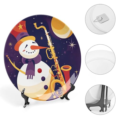 Plato de cerámica de muñeco de nieve con saxofón y soporte 5
