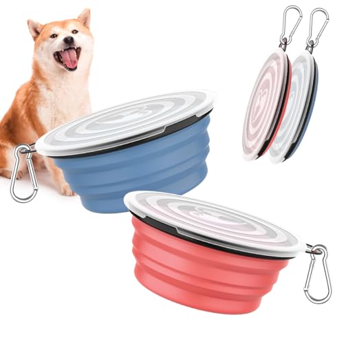 Pawaboo Faltbar Hundenapf, 2 Stück 450ml Hund Reisenäpfe Tragbar Silikon Auslaufsicher Trinknapf Fressnapf mit Deckel und Karabiner für Hunde Katzen Spaziergänge Unterwegs, Hellrosa + Blau