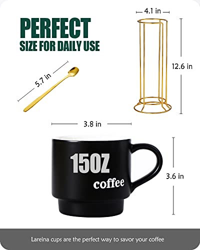 Lareina Porcelain Stackable Coffee Mug Set With Rack And Spoons, 15 Ounce Cappuccino Cup Set Of 4 For Specialty Coffee Drinks And Tea - Black #TOP1