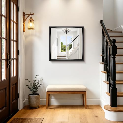 Image of 24x24 Square Black Mirror, Bathroom Mirrors for Over Sink 0.6 inch Thickened Deep Frame, Brushed Black Rectangle Mirrors for Wall, Shatterproof Tempered Glass, Antirust, Horizontally or Vertically