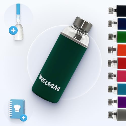 Velesas Botella 1l | 500ml con funda protectora | Botella de cristal de 500ml de neopreno y tapa de acero inoxidable | Botella de agua para la escuela, las actividades deportivas, sin BPA | Verde