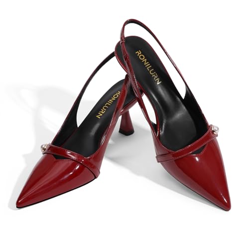 Image of Women Kitten Heels Slingback Low Heel Pumps Dress Shoes for Women Closed Pointed Toe Pearl Heels for Work Wedding Bridal