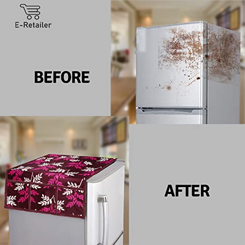 Image of Polyester 3-Layered Fridge Top Cover /Refrigerator Cover with Utility Pockets and Set of 3 Pc Fridge Mats (Color-Leaf Purple, Size-39x21 Inch)