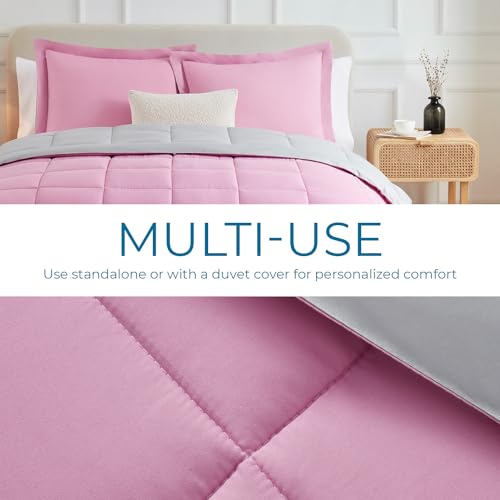 Image of Nestl 2 Piece Quilted Down Alternative Comforter Twin Size With 1 Pillow Sham - All Season Pink /Light Grey Duvet Insert With Corner Tabs