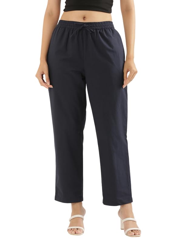 Image of SAADAA Cotton Straight Pants for Women | Breathable Everyday Wear Trousers | Drawstring, Deep Pockets & Elastic Waistband | Casual & Comfortable Fit
