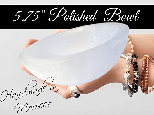 Selenite Crystal Smudge Bowl, 5.75" + Inches, Huge Polished Hand-Carved, Moroccan Jewelry, Crystal Holder to Charge, Cleanse Crystals, Charging, Smudging Bowl, Spiritual Gifts w/Bag (5.75" XXL)
