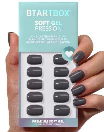 BTArtbox Press On Nails, Short Square Grey Fake Nails, 32Pcs Full Kit