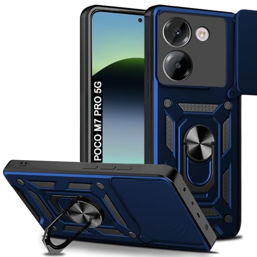Image of AESTMO Tough Armor Poco M7 Pro 5G Bumper Back Case Cover | Ring Holder & Sliding Camera Shield Cover | 360 Degree Protection Back Case Cover for Poco M7 Pro 5G (Blue)