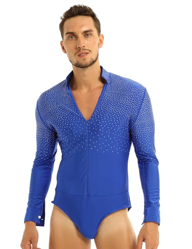 MSemis Herren Langarm Body Latein Hemd Jazz Tango Glitzer Shiny Tanz Kostüm Freizeit Hemd mit Reißverschluss Stretch Bodysuit Turnanzug Blau XL