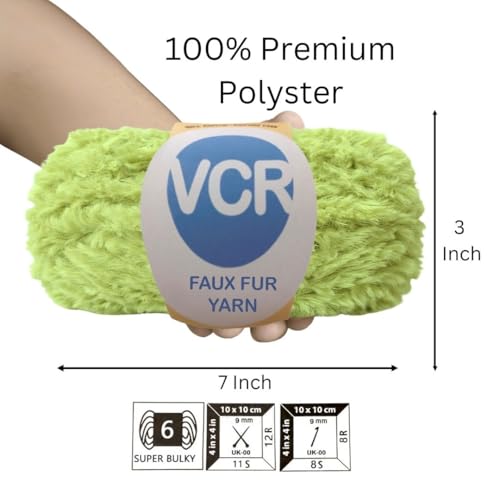 Image of VCR Light Green Yarn, Bulky Chunky Faux Fur Yarn, 100 Grams Hank, 100% Polyester, Suitable for Knitting Jackets, Scarves, Hats, Blankets, Cushions, Toys and Decorative Accents