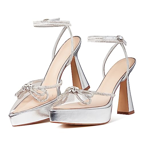 Goiphrri Platform Ankle Strap High Heeled Lace Up Pumps Sandals Ankle Buckle Straps Pump Rhinestone Stilettos Bowknots Wedding Sandals #TOP7