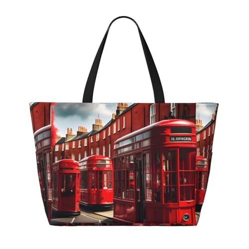 Red London Street Print Large Waterproof Beach Bag For Women With Zipper And Pockets For Travel Vacation2