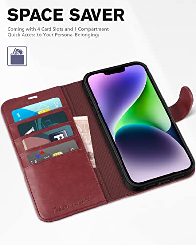 Tucch Case Wallet For Iphone 14, [Rfid Blocking] Pu Leather Stand Folio Cover With 4 Card Slots [Tpu Protective Interior Shell], Magnetic Flip Case Compatible With Iphone 14 5G 6.1-Inch, Dark Red #TOP6