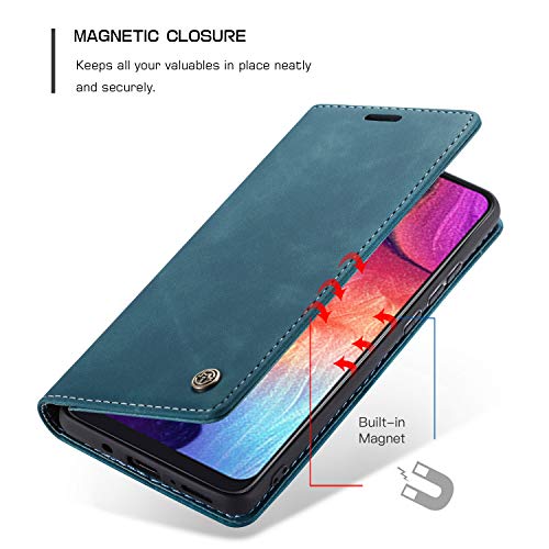Sensko Samsung Galaxy A50 Wallet Case,Magnetic Stand Flip Protective Cover Book Style Retro Leather Flip Cover Durable Shockproof Protective Case For Samsung Galaxy A50(Blue) #TOP2