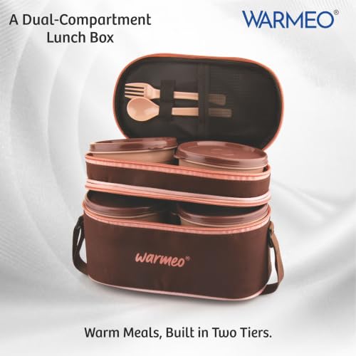 Image of WARMEO Micro Meal Microwave Safe Lunch Box | 1 Rectangular Container 600ml + 2 Round Containers 350ml Each + 2 Round Container 250ml Each + 1 Spoon + 1 Fork,Stylish Durable Jacket,Office,School,Brown