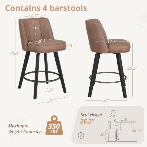Image of LUE BONA 360-degree Swivel Bar Stools Set of 4, 26 inch Counter Height Bar Stools with High Back and Wood Legs, Morden Faux Leather Upholstered Barstools for Kitchen Counter, Saddle Brown