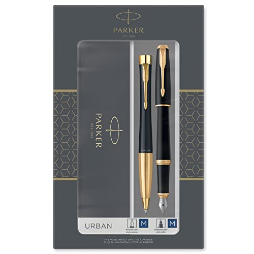 Parker Urban Duo-Geschenkset mit Kugelschreiber und Füllfederhalter, Muted Black mit Goldzierteilen, Nachfüllmine und -patrone mit blauer Tinte, Geschenkbox