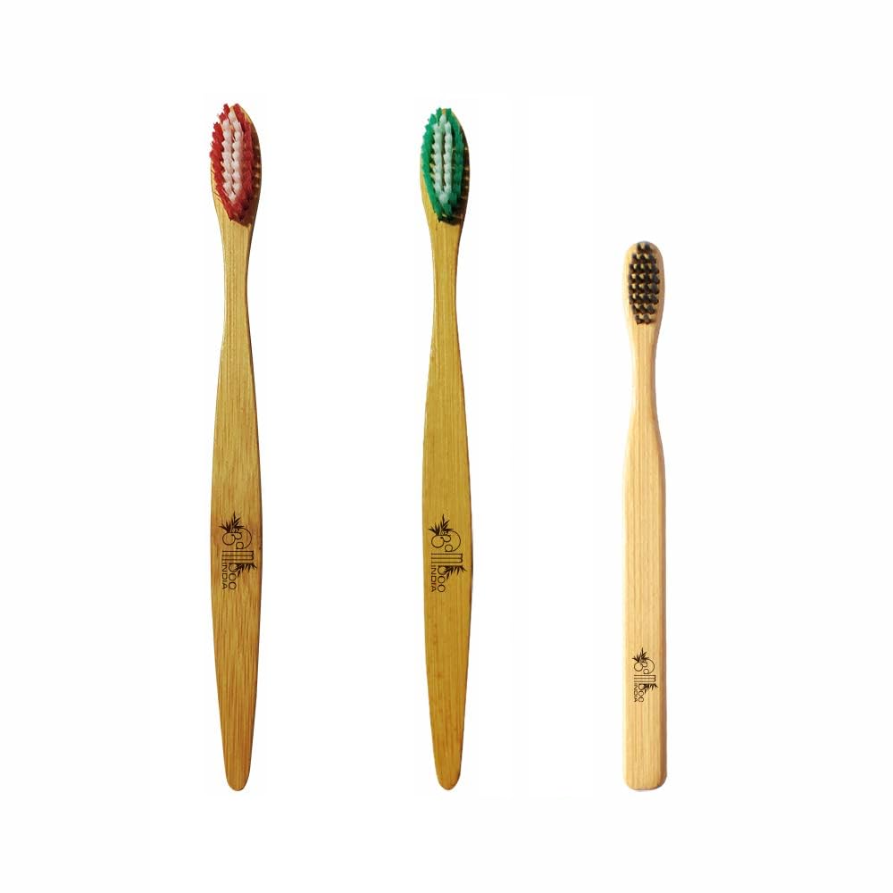 BambooIndia Bamboo Toothbrush Soft Manual (Pack Of 3) - For Kids 1/ Adults 2 - BPA Free Dual Charcoal Black Soft & Red, Green Bristles - Antibacterial & Biodegradable Handle - Natural & Eco-Friendly (B08XMH3FC7) Amazon Price History, Amazon Price Tracker