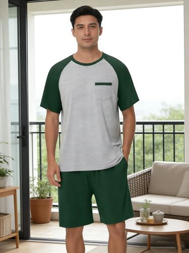 Image of Mens Pajamas Set Modal Soft Pajama Short Set Short Sleeve Pjs Sleepwear 2 Piece Lounge Set With Pockets S-3XL