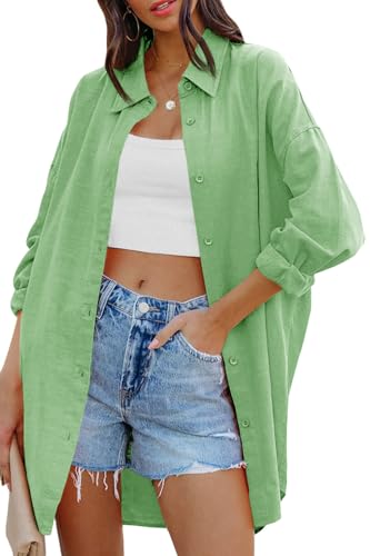 Image of FSHAOES Womens Oversized Button Down Shirts Casual Loose Long Sleeve Solid Lapel Long Blouses Tops with Pockets