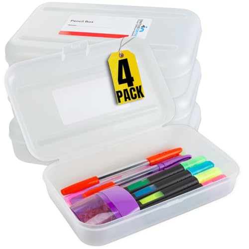 1InTheOffice Clear Pencil Box, Pencil Case Plastic Box, Translucent, Large Capacity, Snap-Tight Lid, 4 Pack