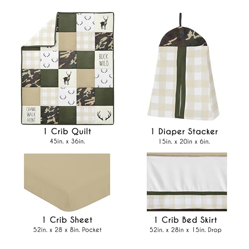 Image of Sweet Jojo Designs 4-Piece Baby Crib Bedding Set (Woodland Camo Deer) for Boys, Infants /Nursery incl. Blanket, Fitted Sheet, Skirt, Diaper Stacker (Forest Green, Camouflage, Rustic, Stag, Beige Plaid)