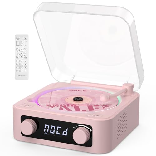 CD Player with Built-in Speakers Portable Bluetooth Input&Output Desktop CD Players for Home with Screen Display Ambient Lighting FM Radio White Noise Mode Remote Control USB Type-c (Pink)