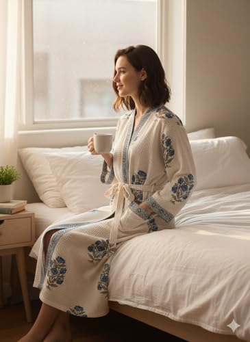 Image of Hand Block Print Waffle Cotton Bathrobe For Women's Ultra-Soft & Lightweight After Bath Spa Bathrobe White | Highly Absorbent Free Size Soft & Comfortable