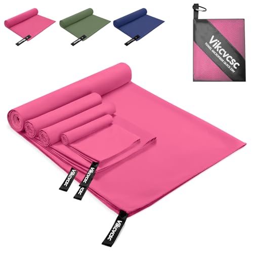 Vikcvcsc Set di 4 Asciugamani Microfibra,160x80cm+2pcs 80x40cm+40x30cm Asciugamano Palestra,Telo Mare Microfibra Ultraleggero per Viaggio,Asciugatura Rapida Asciugamano Microfibra per Spiaggia(Fucsia)