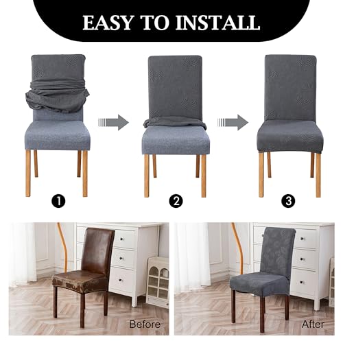 Image of Genina Waterproof Dining Chair Cover Set of 8,Kitchen Chair Cover,Dark Grey | Stretch Dining Room Chair Slipcovers with Leaf Jacquard,Removable Kitchen Chair Protector for Home,Restaurant,Banquet