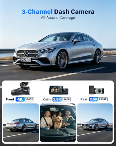 Image of 4K+2.5K+2.5K Dash Cam, IMX675 STARVIS 2 Dash Camera 3-Channel, Free 64GB Card, Dashcam with 5G WiFi GPS, G-Sensor,Loop Recording, HDR, 24H Parking Monitor, Car Dash Cam for Rideshare & Taxi