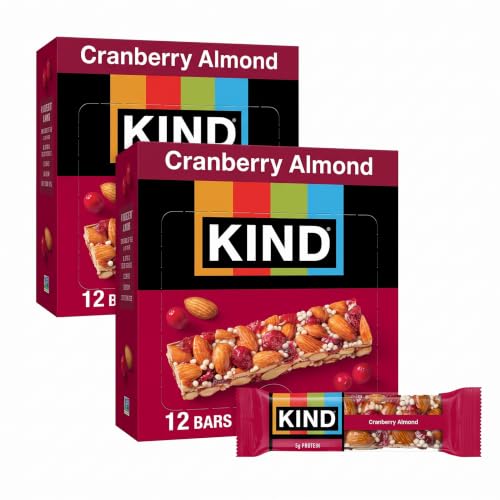 KIND Healthy Snacks Bars, Cranberry Almond, Gluten Free, High Fiber Snacks, 5g Protein, 12 Count (Pack of 2)