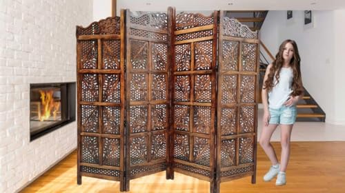 Image of Wooden Room Divider 6 Feet, 4-Panel Folding Wooden Partition for Living Room, Office, Pooja Room, Restaurant, Kitchen & Balcony (2W x 1.82H Meters). (Light Brown)