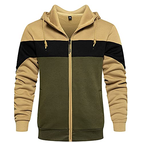 Wowcarbazole Men's Full Zip Hoodie Long Sleeve Color Block Hooded Sweatshirt Casual Fleece Jackets(Army Green-M)