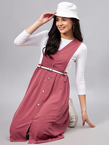 Image of WineRed Women Soild Pinafore Dress with Button
