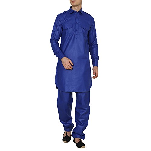 Kurta Pathani de algodón y lino para hombre conjunto azul de camisa larga y pantalón