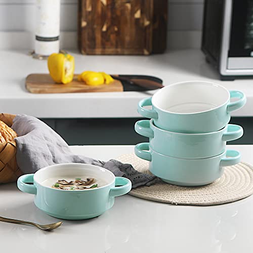 Image of Sweejar Ceramic Soup Bowls with Double Handles, 20 Oz Stacked Bowls for French Onion Soup, Cereal, Pot Pies, Stew, Chill, Pasta, Set of 4(Dark Turquoise)